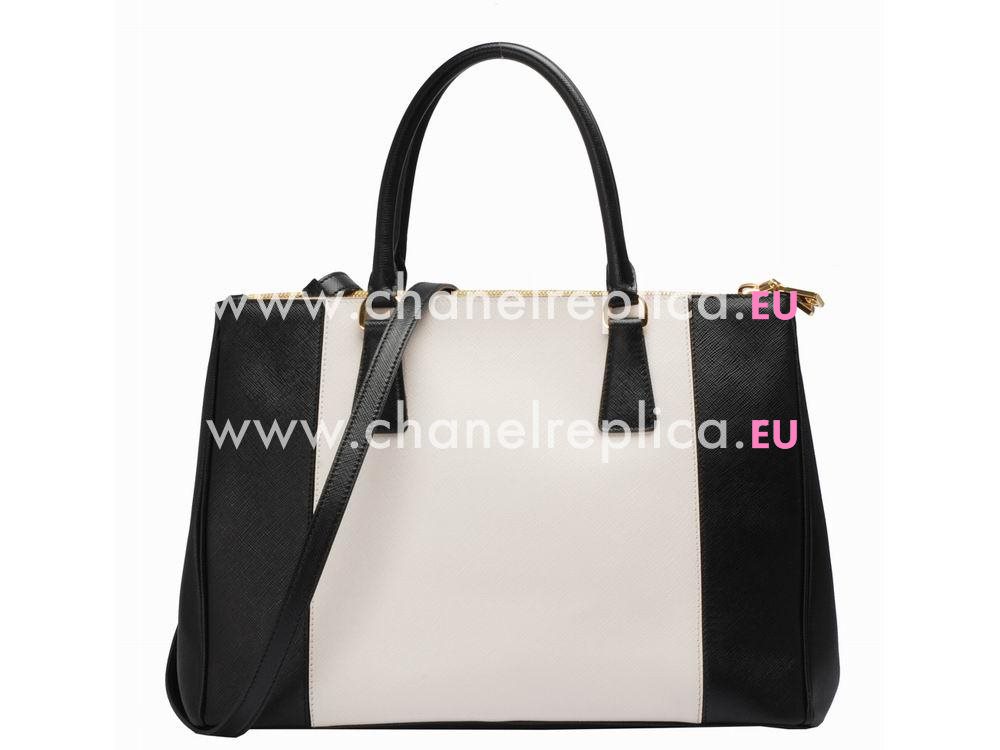 Prada Saffiano Cowhide Lady Large Shopping Tote Black/Wihte P536893