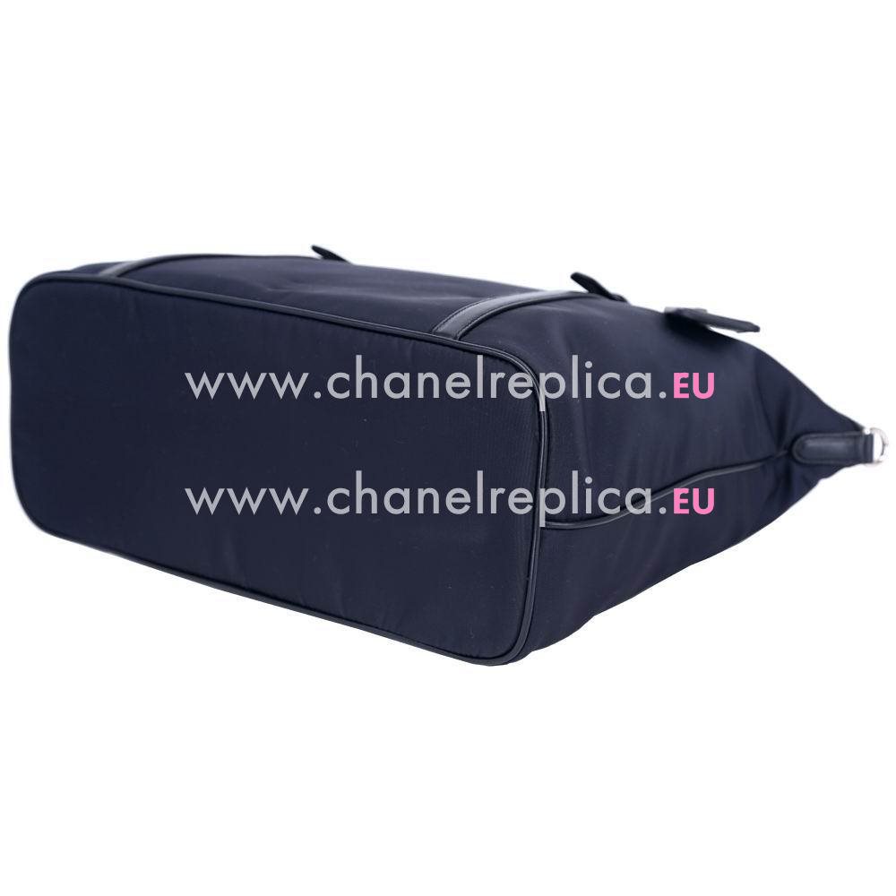 Prada Silvery Logo Cowhide Nylon Shopping bag Deep Blue P7011914