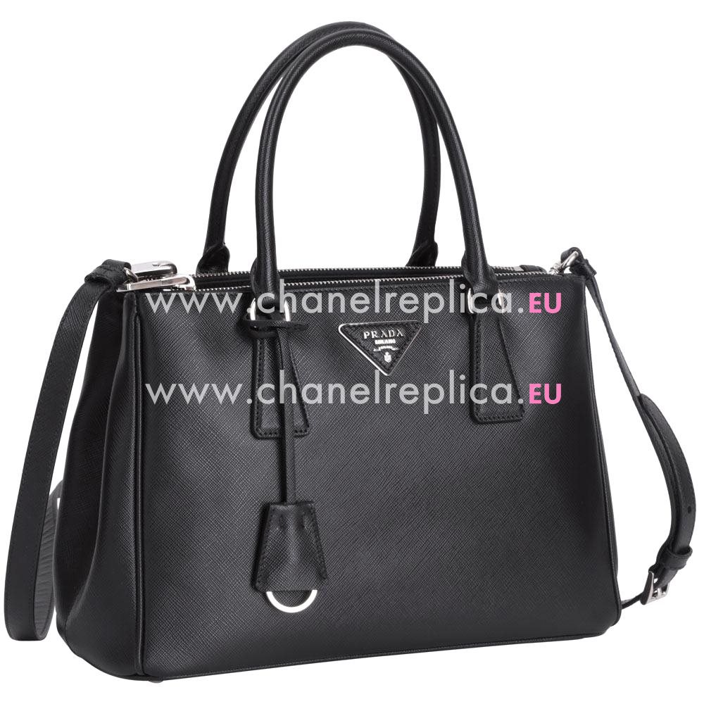 Prada Saffiano Lux Silver Triangle Logo Medium Bag Black PBN1808