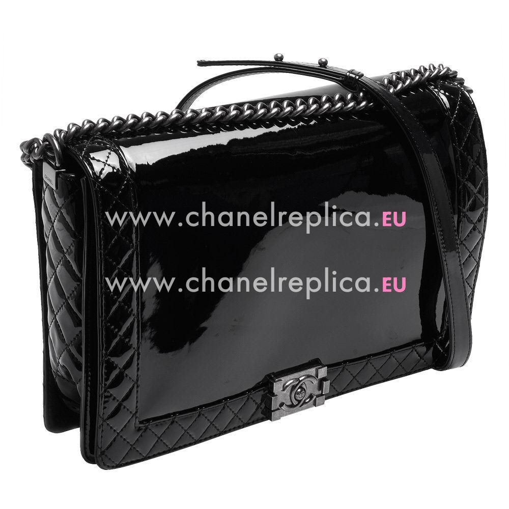 Chanel Patent Leather Anti-Silver Chain Boy Bag In Black A367669