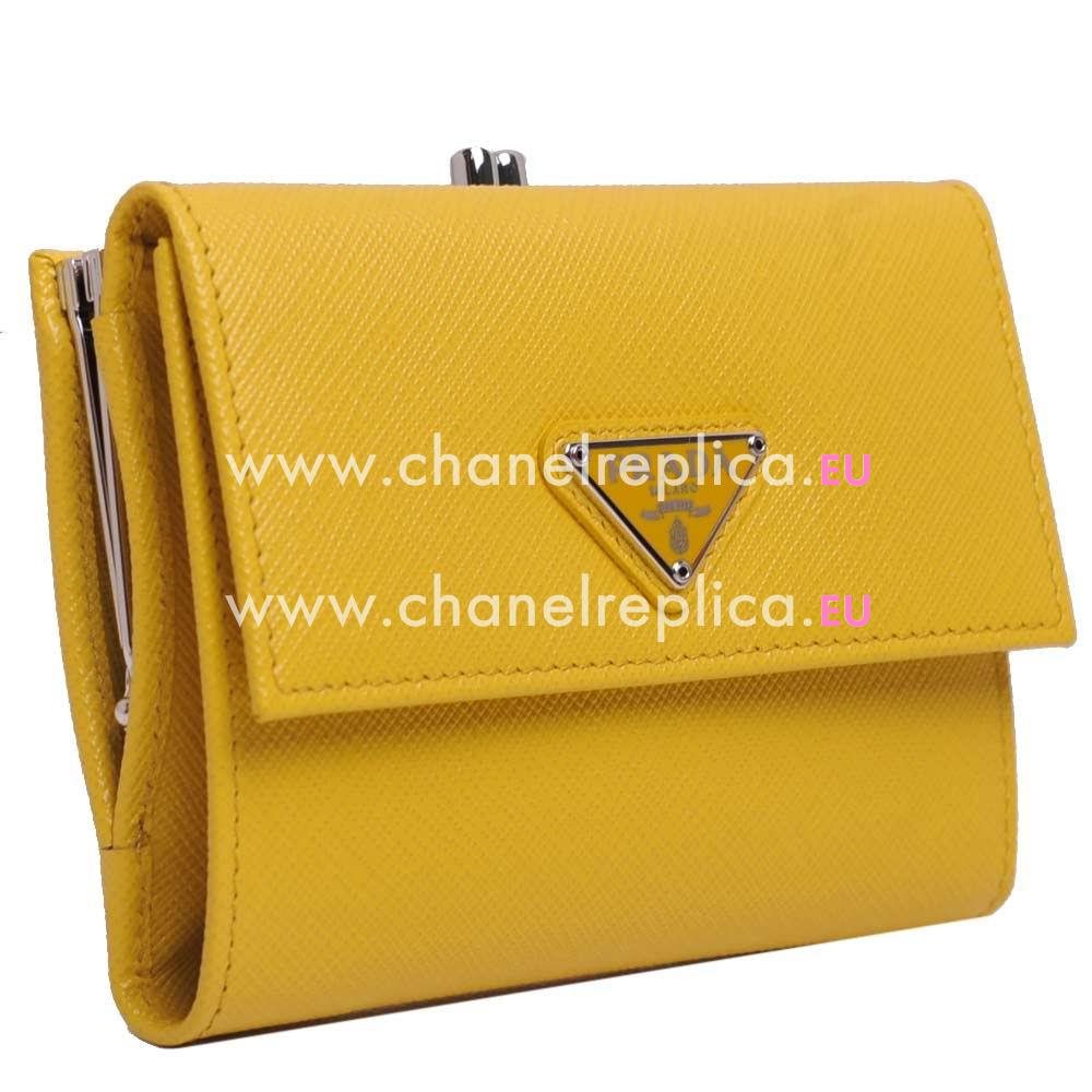 Prada Saffiano Triang Embossment Logo Cowhide Loose Change Wallet In Light Yellow PR61017026