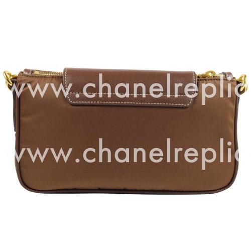 Prada Triangle Logo Plate Gold Cluch Nylon Bag In Coffee PBT0779