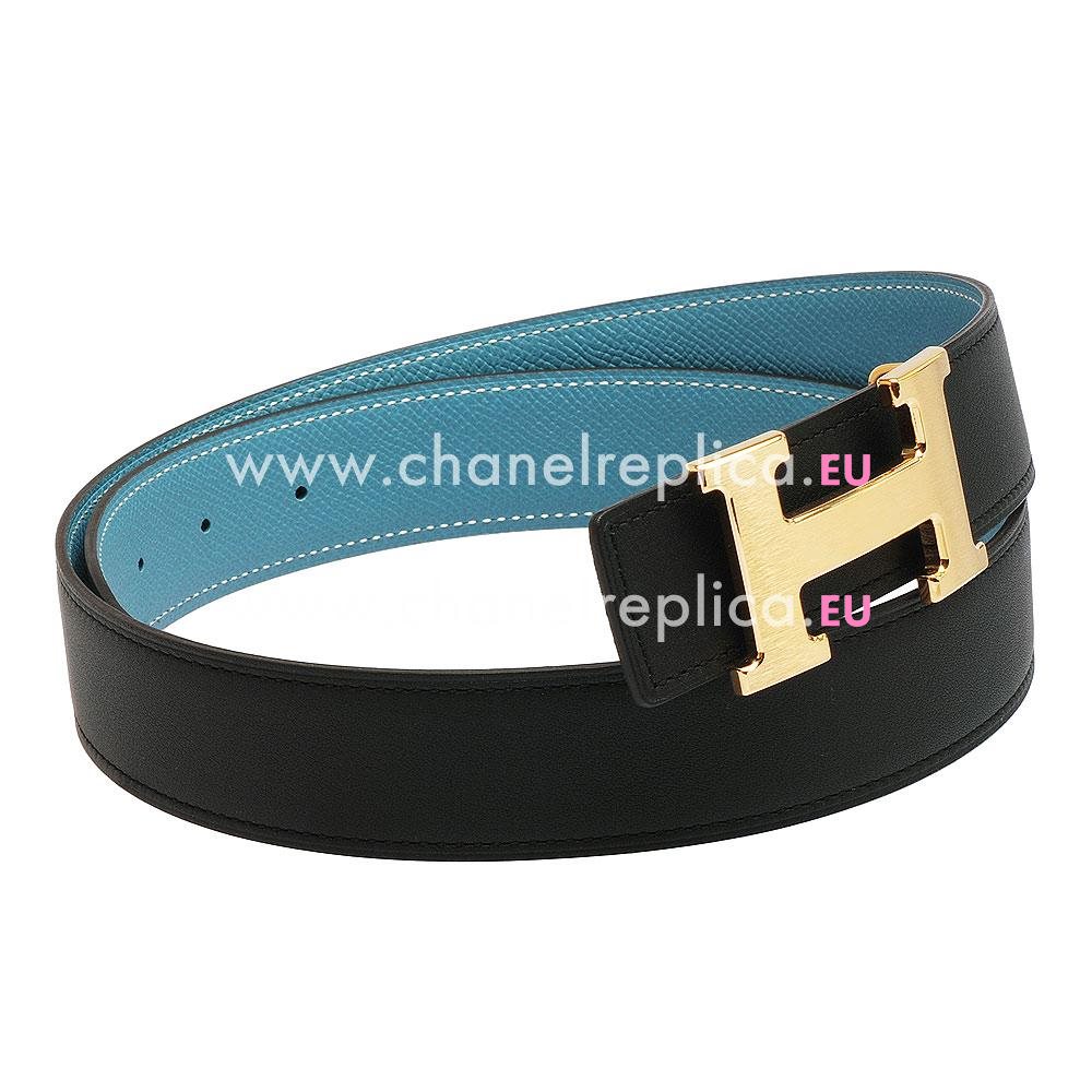 Hermes Gold H Buckle Black-Sky blue Calfskin-Epsom Two-sided Belt H559N10