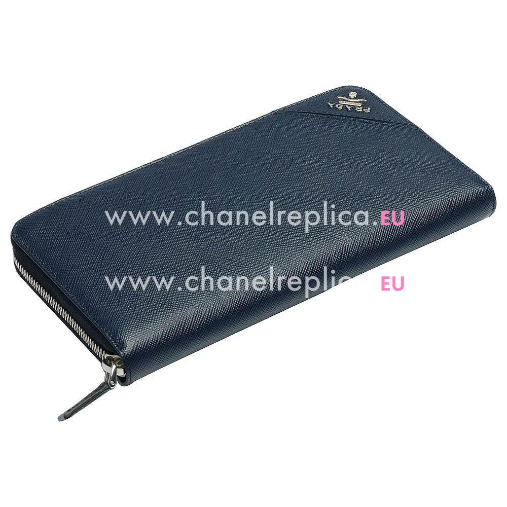 Prada Saffiano Metal Embossment Logo Cowhide Zipper Wallet In Deep Blue PR61017019