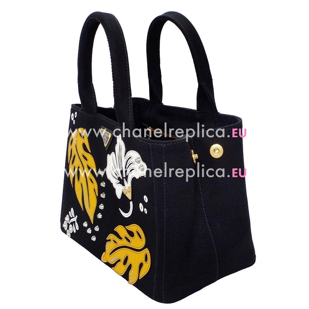 Prada Three-dimensional flowers Canvas Triangle Logo bag Black P7021314