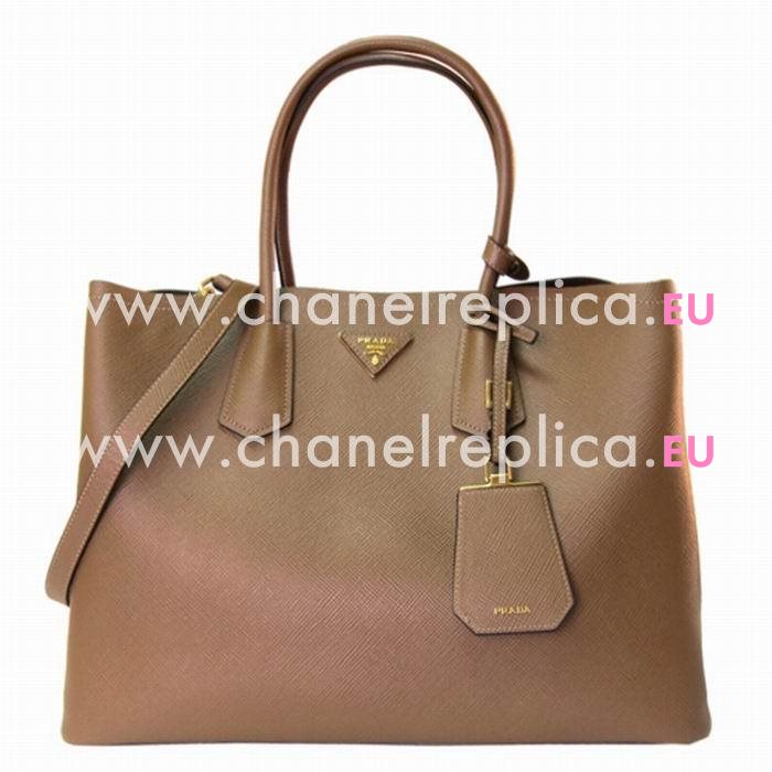 Prada Saffiano Cuir Large Double Tote Bag Brown B2756T-2A4A-F0401