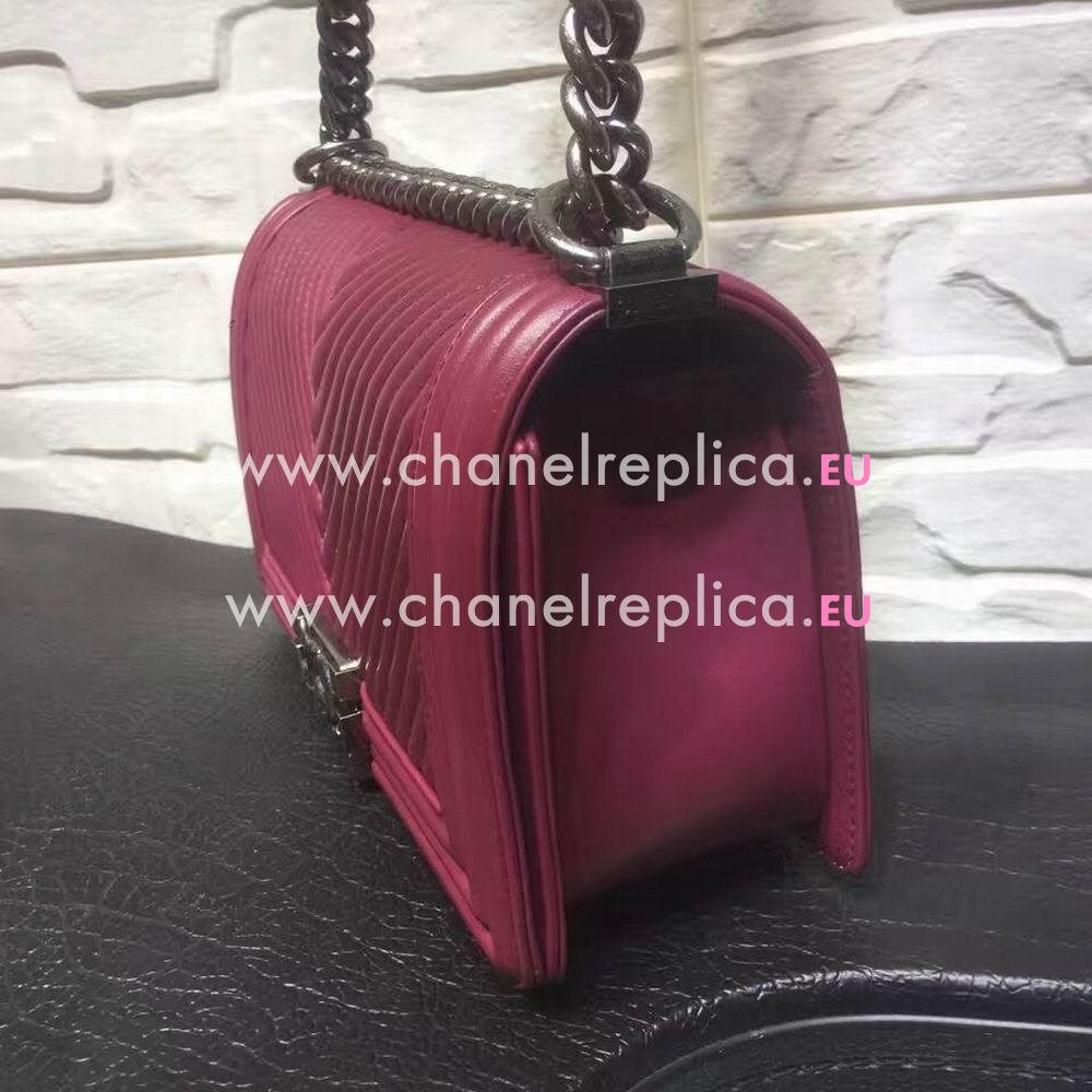 CHANEL Boy V Lines Cuprum Anti Silvery Hardware Sheepskin Bag in Red C7032207