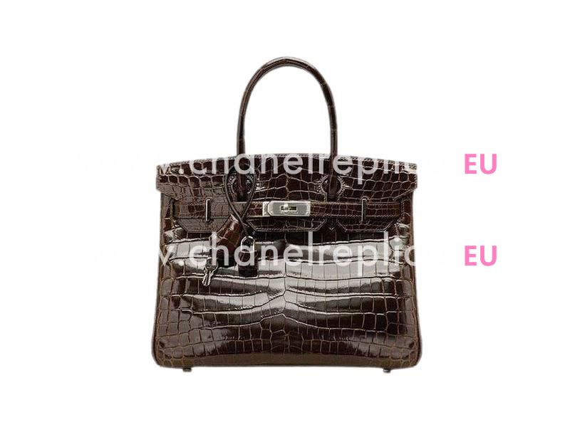 Hermes Birkin 30 Porosus Crocodile Deep Coffee Palladium Hand Sewing H1042DC