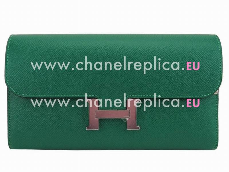 Hermes Kelly Epsom Leather Long Wallet Silvery Hardware Peacock Green H51829