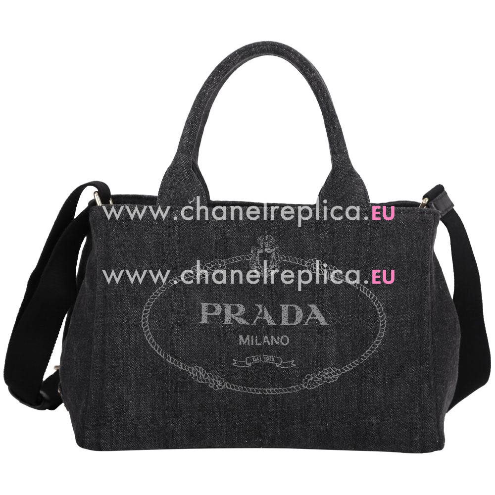 Prada Canapa Stampata Printing Logo Denim Canvas Small Size Bag Gray Black PR7054131
