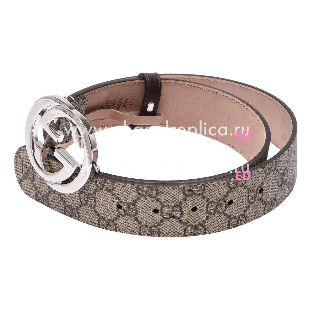 Gucci GG Plus Fabric Cowhide Silver Buckle Belt Coffee 9340306