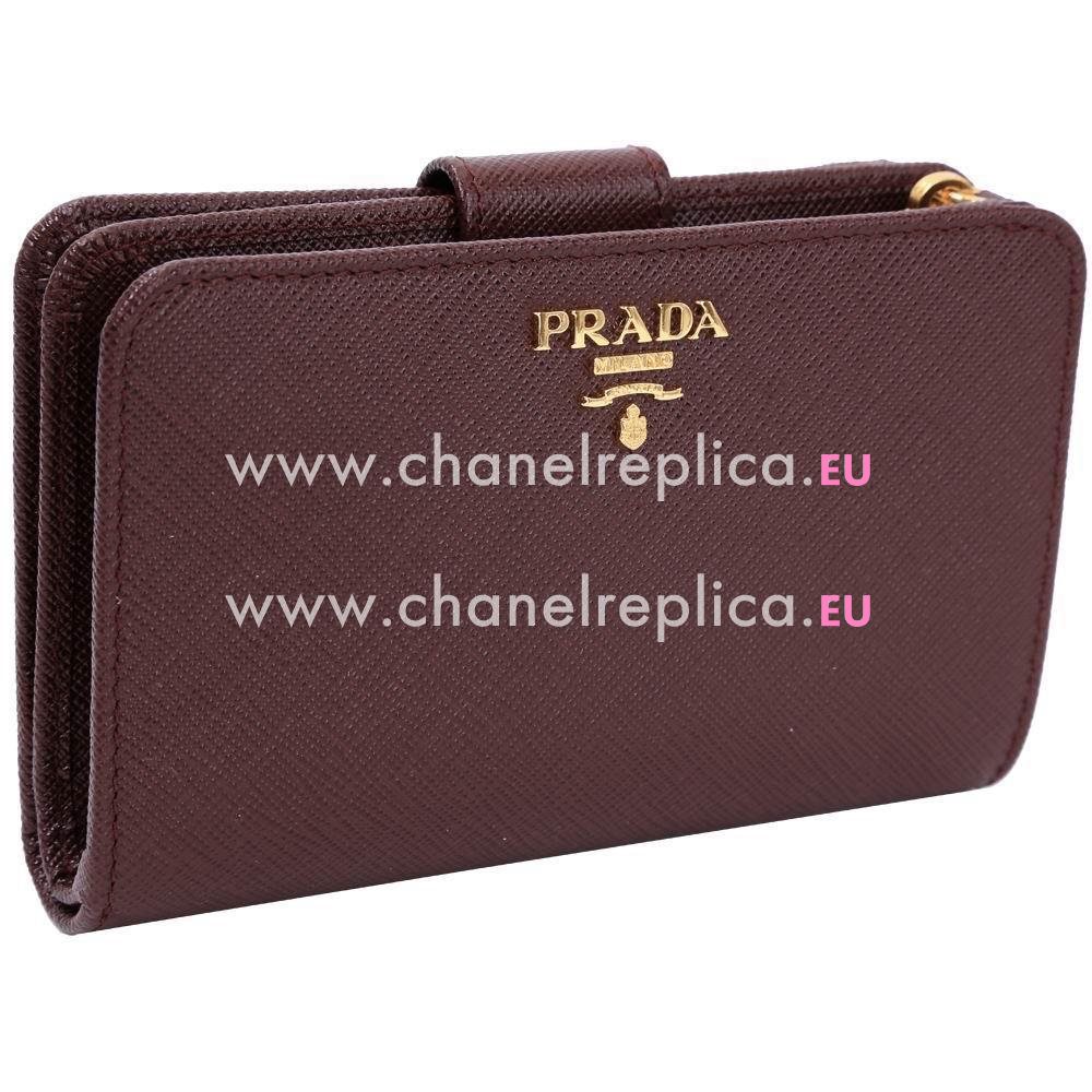 Prada Saffiano Embossment Logo Cowhide Zipper Wallet In Coffee Red PR61017033