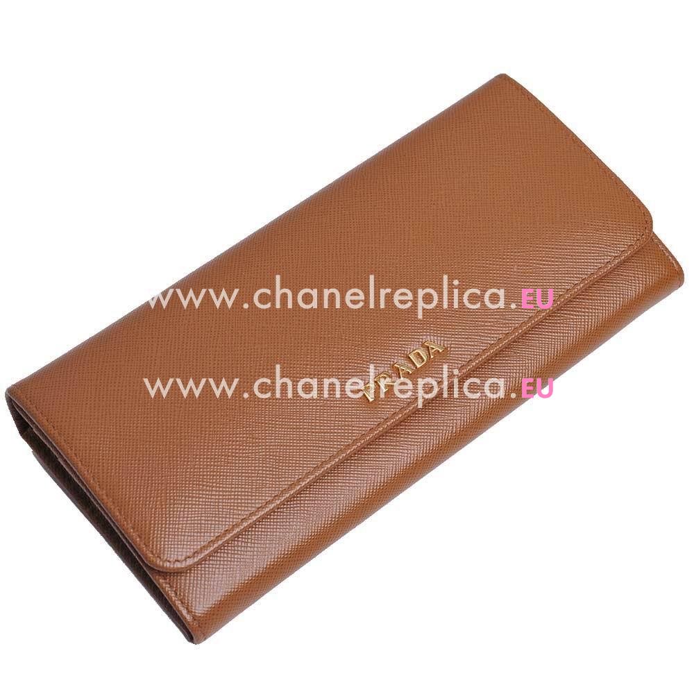 Prada Saffiano Gold Embossment Logo Cowhide Wallet In Camel PR61017037