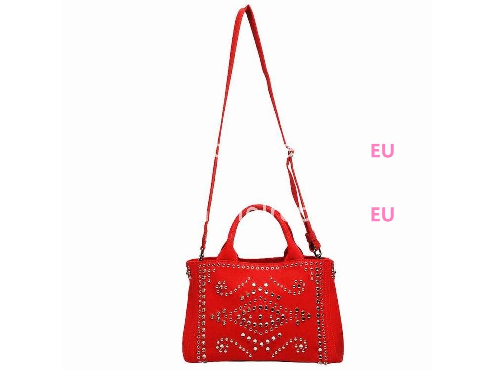 Prada Canapa Emboss Logo Denim Shoulder Bag Rose Red BN57339