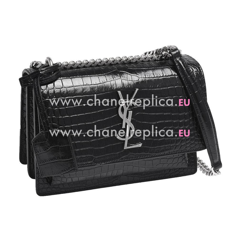 Yves Saint Laurent Silver Logo Crocodile Shoulder Bag Black YV947153