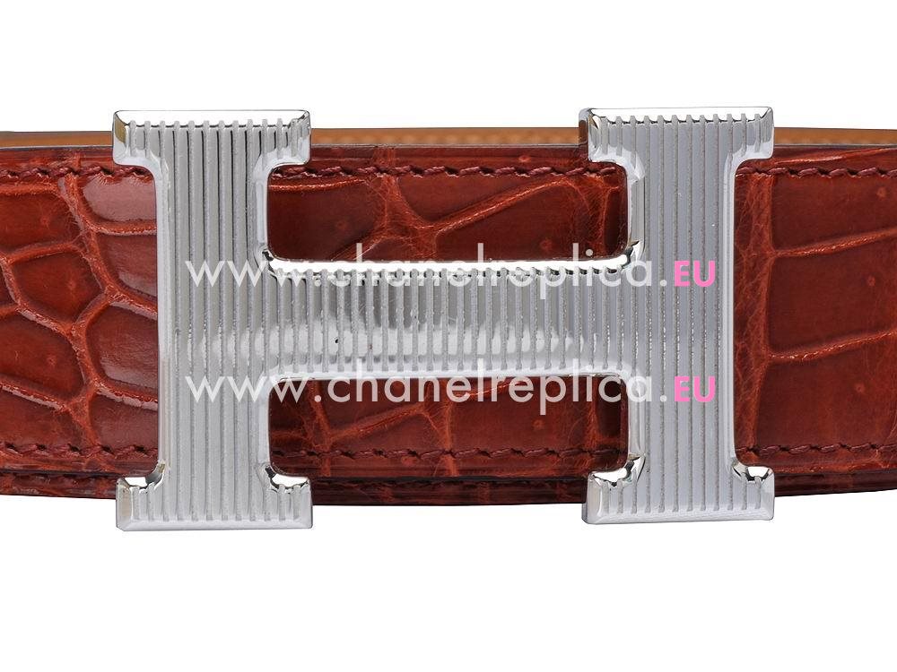 Hermes Big Silver H Logo Red-Coffee Crocodile Belt H495812