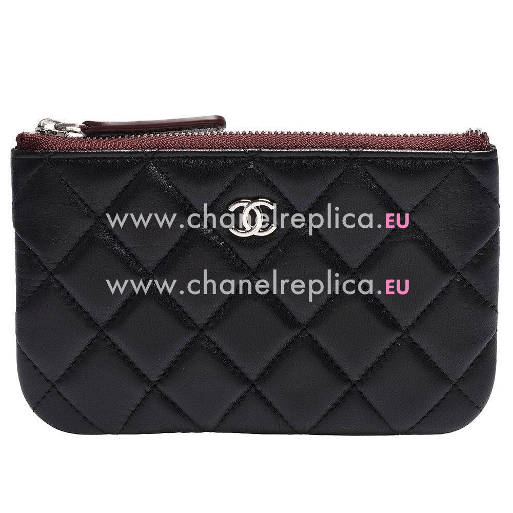 CHANEL Rhomboids Silvery Hardware Lambskin Zipper Wallet in Black C7090704