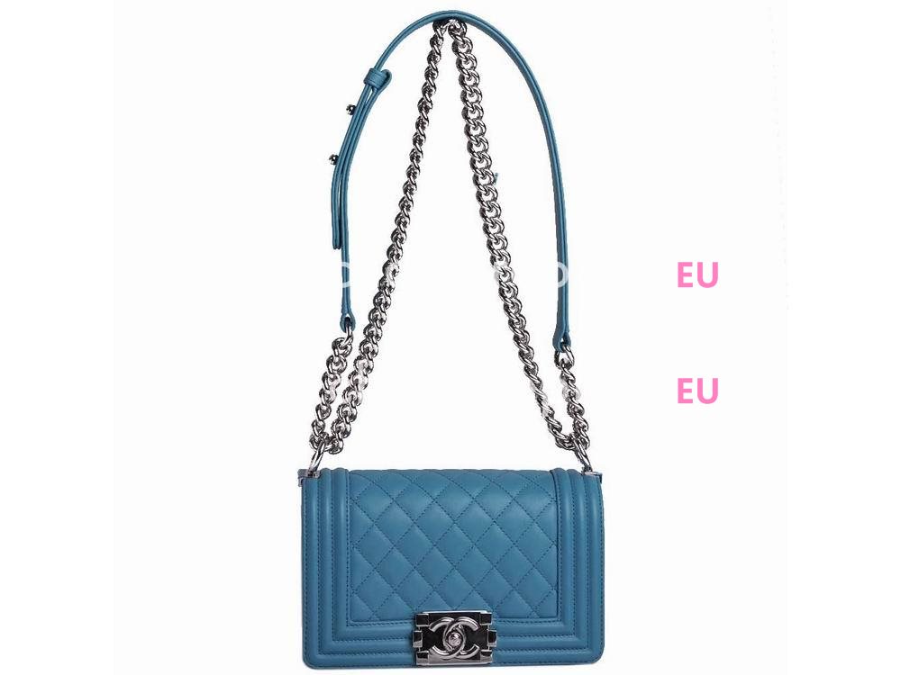 Chanel Lambskin Antique-Silver Chain Boy Mini Bag Bleu A67086