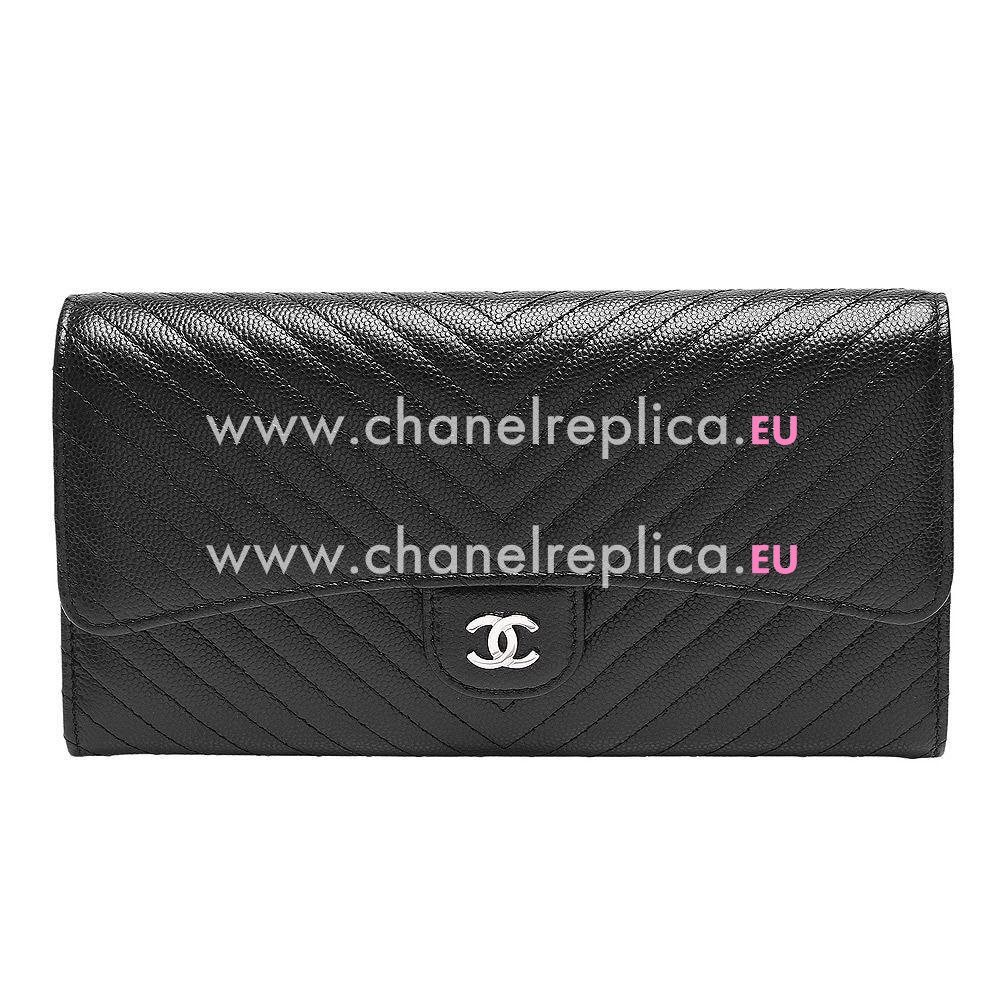 Chanel Caviar Cowhide Chevron Quilted Long Wallet Black A638637