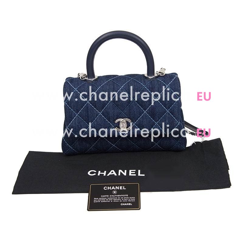 Chanel Coco Flap Bag With Top Handle Silver Chain In Blue A92990CLBLUESS
