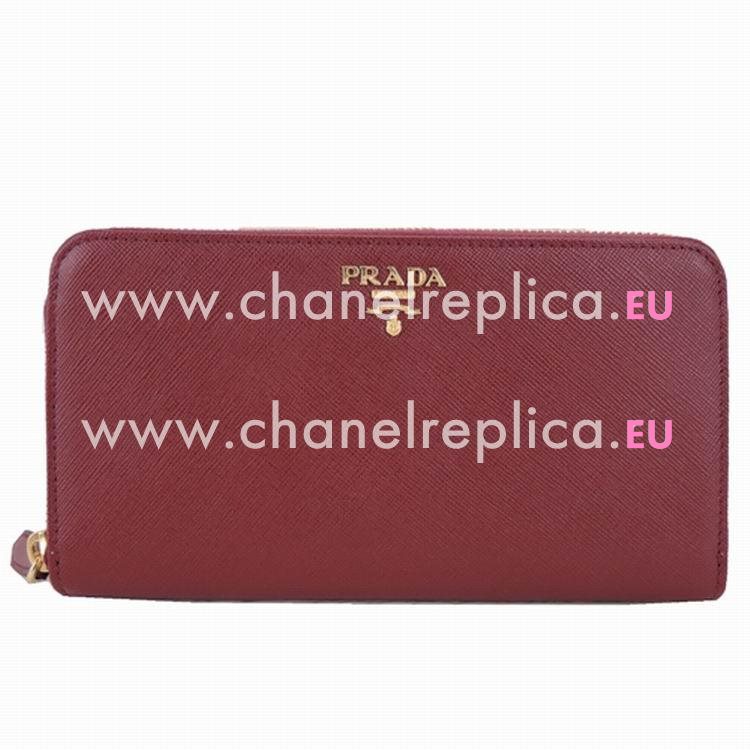 Prada Saffiano Gold Embossment Logo Cowhide Zipper Wallet In Burgundy PR382568