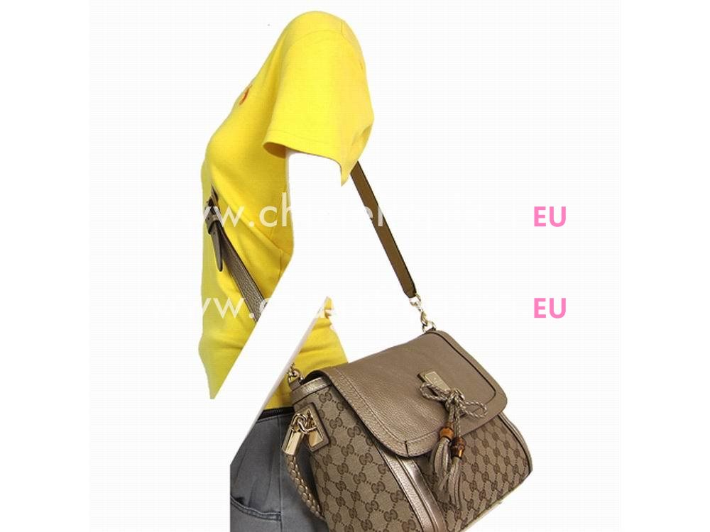 Gucci Weave Hand-fringed Fabric Kahki Gold Shouldbag G282301