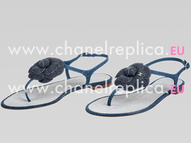 Chanel Golden CC Denim Camellia Sandals In Blue CH44282
