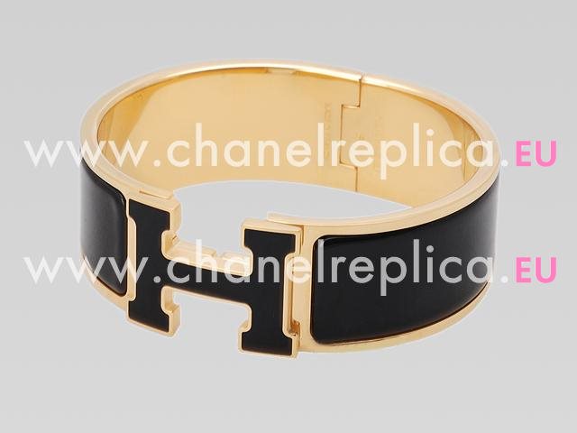 Hermes Enamelled Size Click H Logo Bracelet Black&Gold HE58968