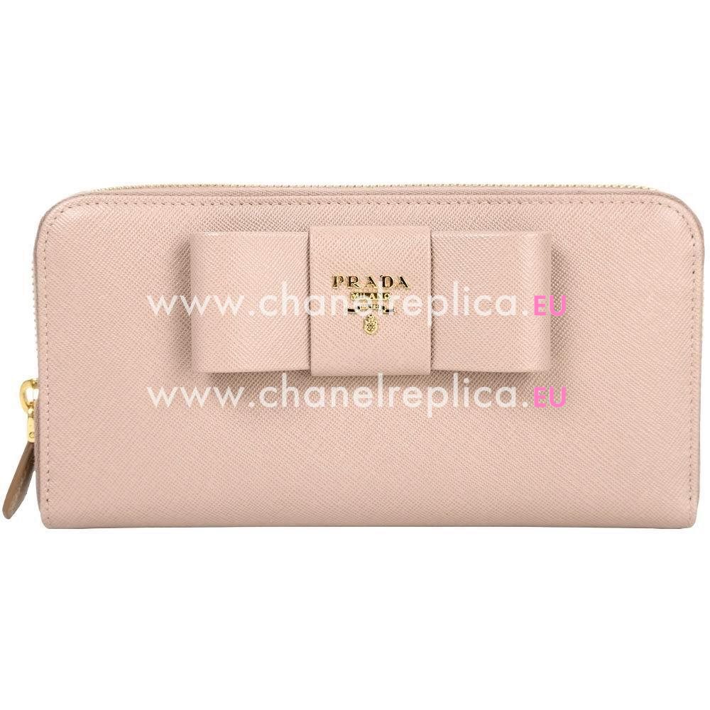 Prada Saffiano Fiocco Embossment Logo Cowhide Zipper Wallet In Skin Color PR61017014