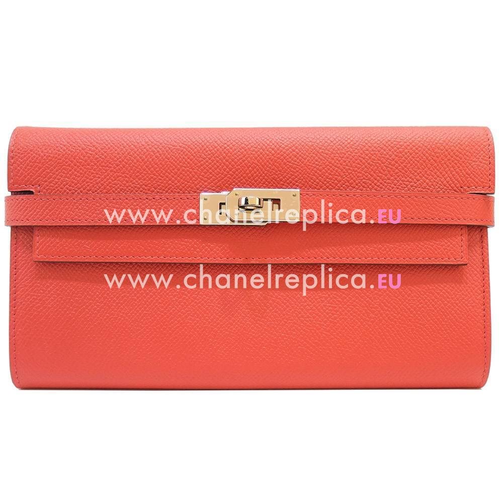 Hermes Kelly Epsom Calfskin Long Wallet Silvery Hardware Flame Orange H7042106