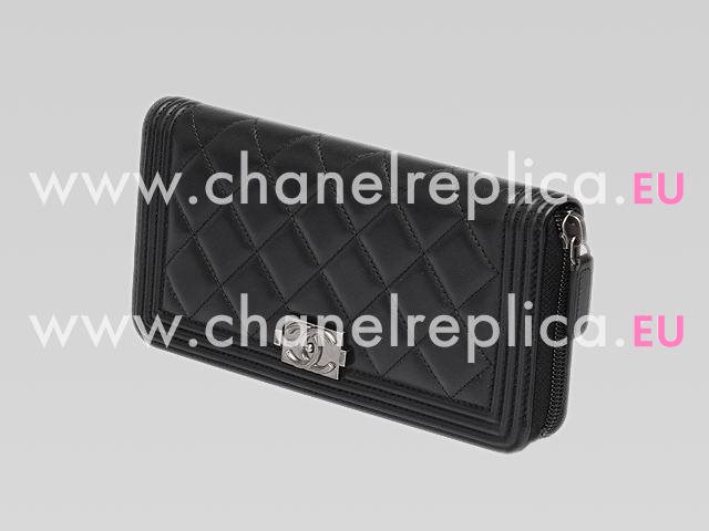 Chanel Boy Lambskin Antique-Silver Zipper Wallet Black A40038