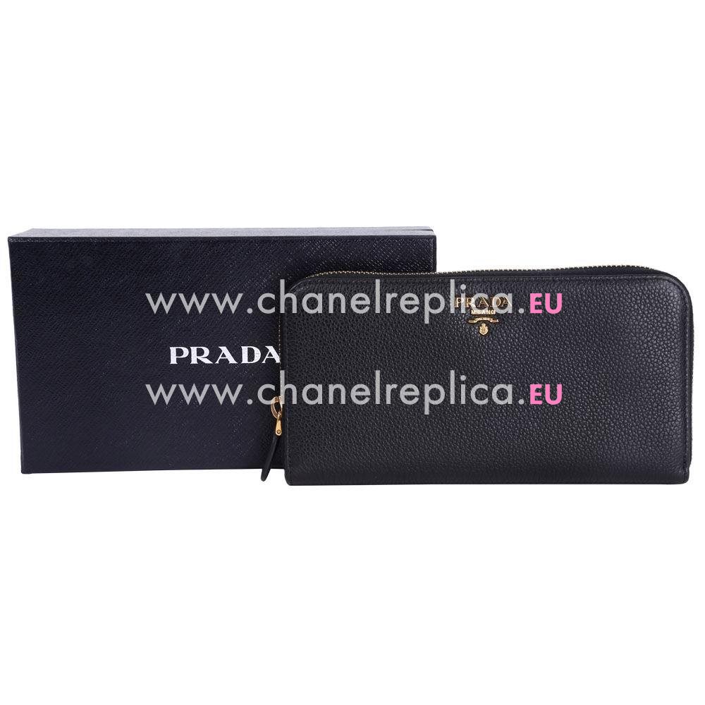Prada Vitello Grain Triangle Logo Cowhide Wallet In Black PR161016006