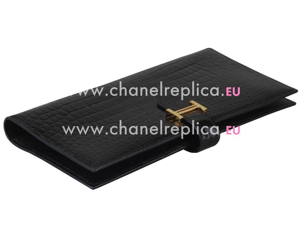 Hermes Crocodile Long Wallet Gold Hardware Black H53881