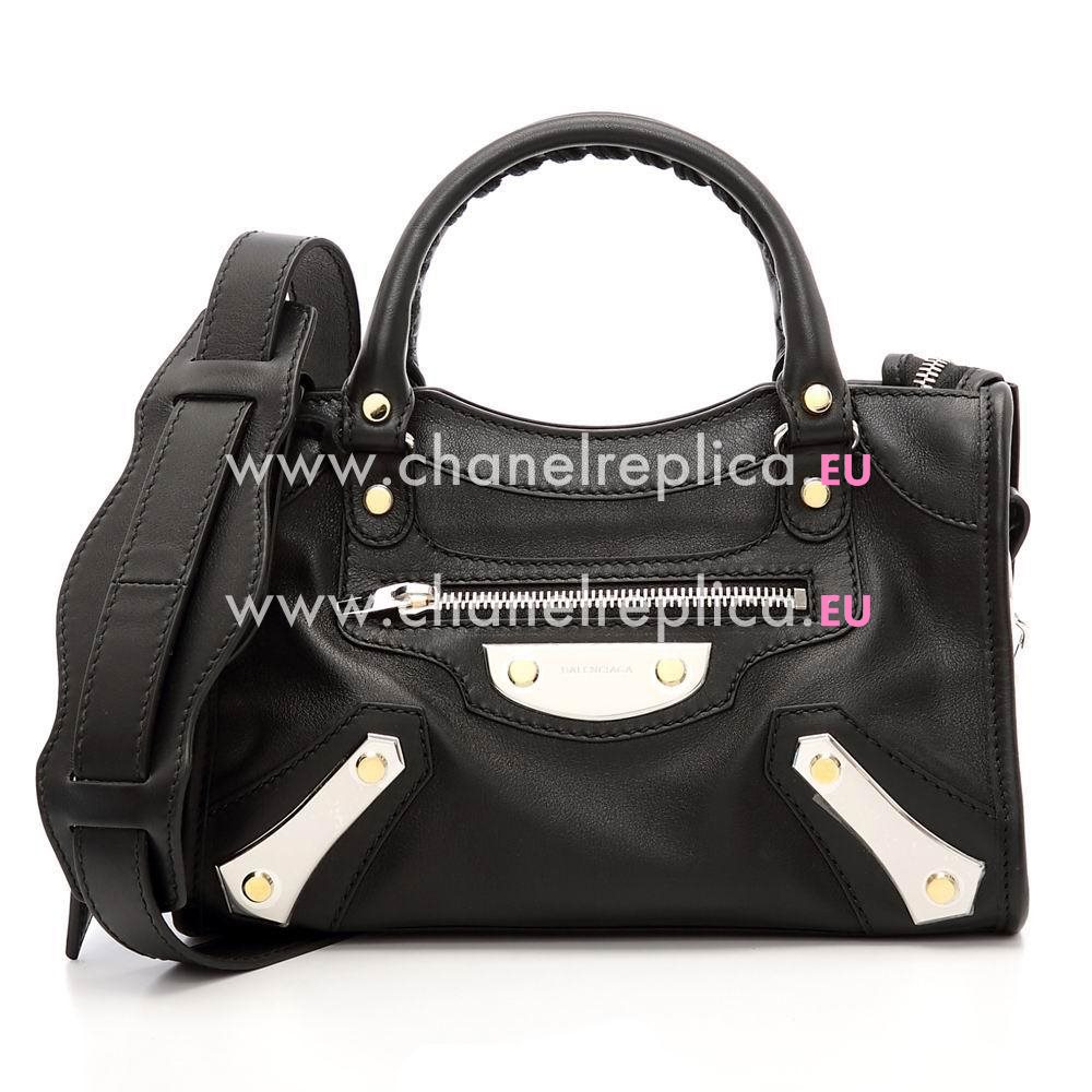 Balenciaga Mini City Classic Gold Button Lambskin Bag Black B6112804