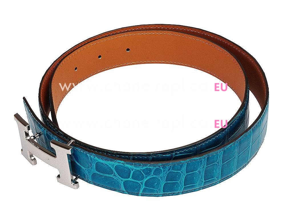 Hermes Big Silver H Logo Turkey Blue Crocodile Belt H535228