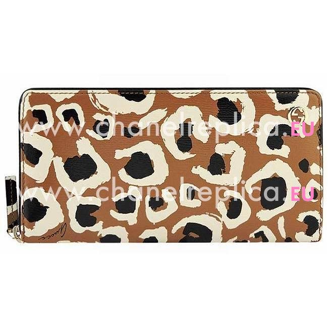 Gucci Leopard Print Calfskin Zipper Wallet In Caramel G7041107