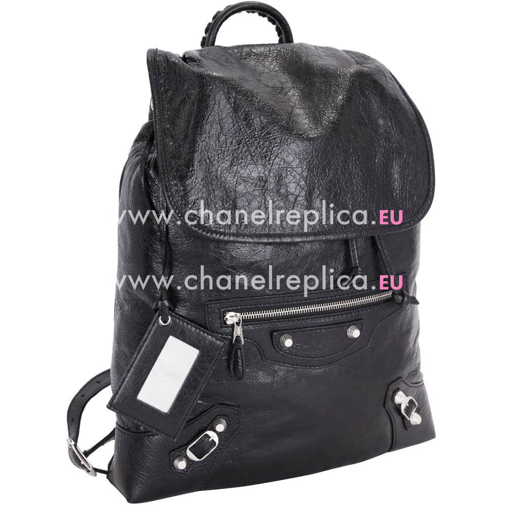 Balenciaga Traveller Giant Silvery Button Sheepskin Motorcycle Backpack Black B7031505
