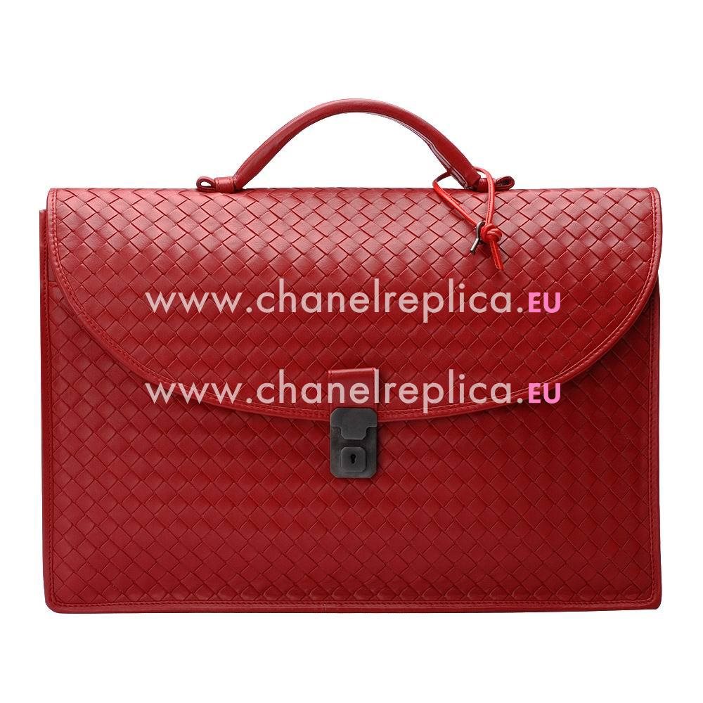 Bottega Veneta Classic Calfskin Leather Woven Hand Briefcase Light Red B4715233