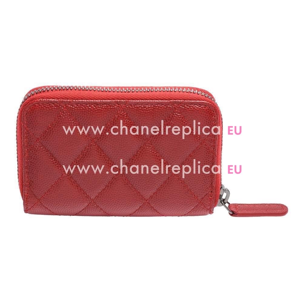 Chanel Classic Anti Silvery CC Logo Caviar Calfskin Rhombus Zipper Change Purse Red C6111114
