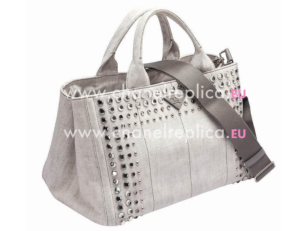 Prada Canapa Stampata Printing Logo Denim Canvas Bag Light Gray PR521217