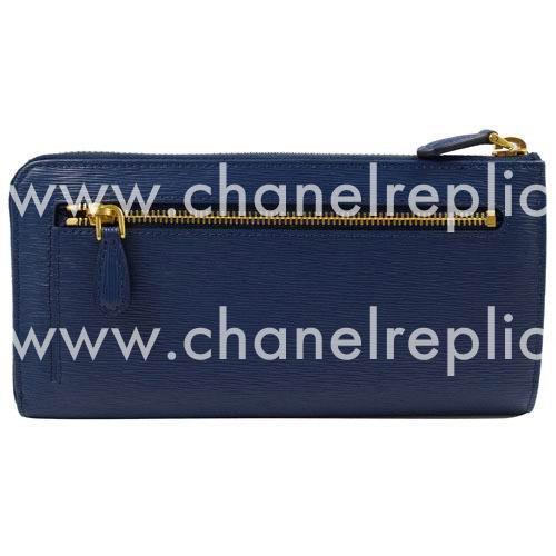 Prada Saffiano Gold Embossment Logo Cowhide Zipper Wallet In Deep Blue PR61017046