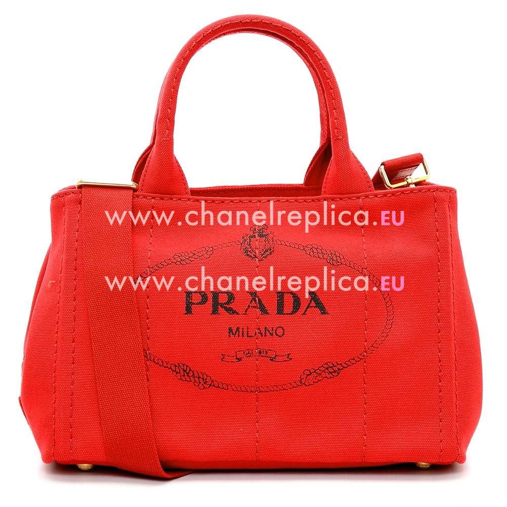 Prada Canapa Stampata Printing Logo Denim Small Size Bag Red PR7054125