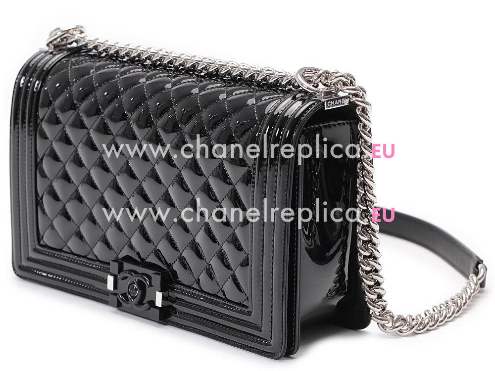 Chanel Patent Lambskin Silver Chain 28cm Boy Bag Black A92693