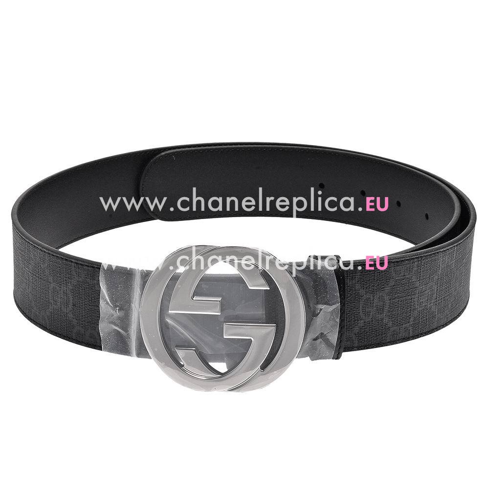 Gucci GG Plus Fabric Cowhide Silver Buckle Belt Black 5956682