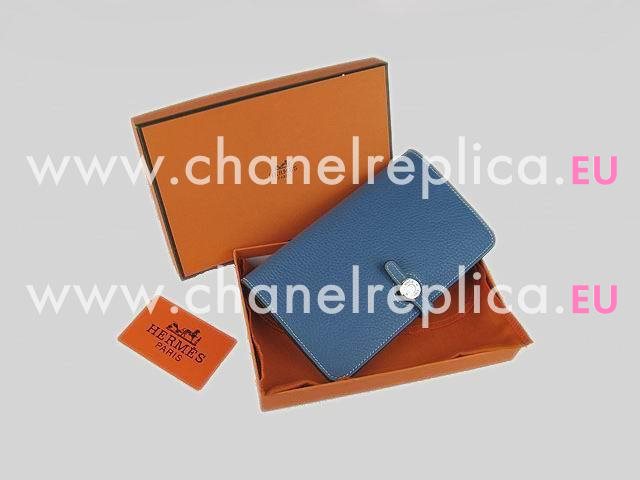 Hermes Dogon Clemence Leather Wallet Purse Medium Blue HL001K
