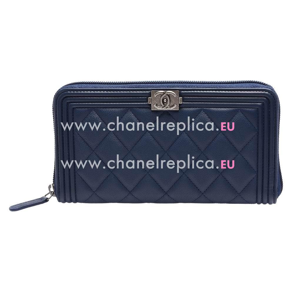 Chanel Rhomboids Caviar Calfskin Boy Zipper Wallet Blue C7041504