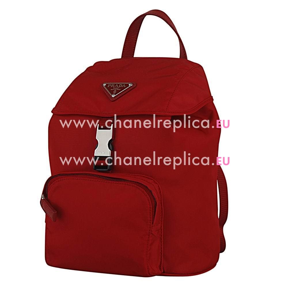 Prada Double Silvery Buckle Triangle Logo Nylon Backpack Red PR70547122