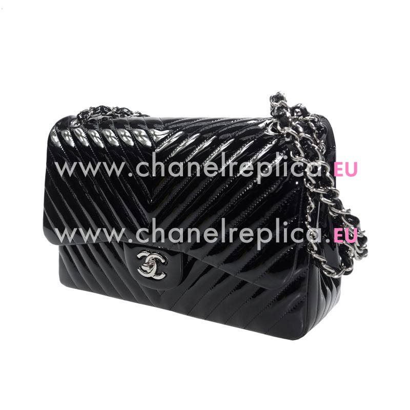 Chanel Patent Leather V Jumbo Size Coco Flap Bag Silver Chain Black A58600VBLKV