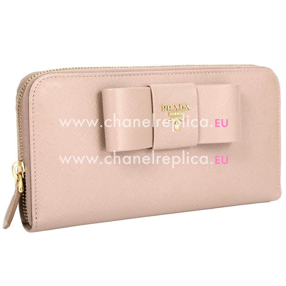 Prada Saffiano Fiocco Embossment Logo Cowhide Zipper Wallet In Skin Color PR61017014