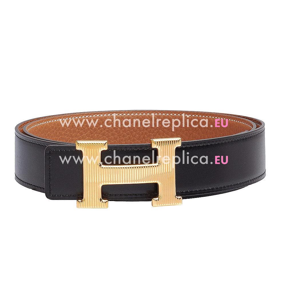 Hermes Gold H Buckle Gold-Black Swift-Togo Leather Two-sided Belt H55N49